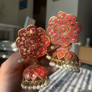 Gold and Red Floral Meenakari Earrings